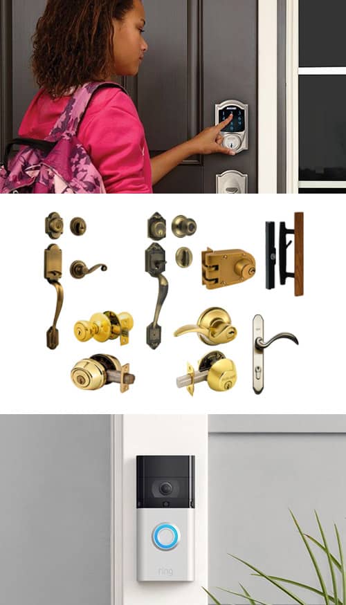 image of a SmartLock on a residential door (top), a variety of door hardware (middle), and a Ring video doorbell (bottom).